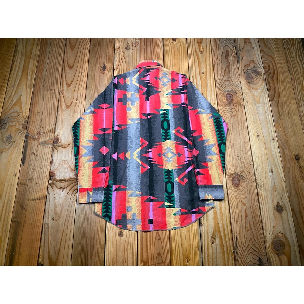 Vintage 90s Wrangler Cowboy Cut Aztec Western Shirt - USA Made X-Long Tails - Picture 2 of 9